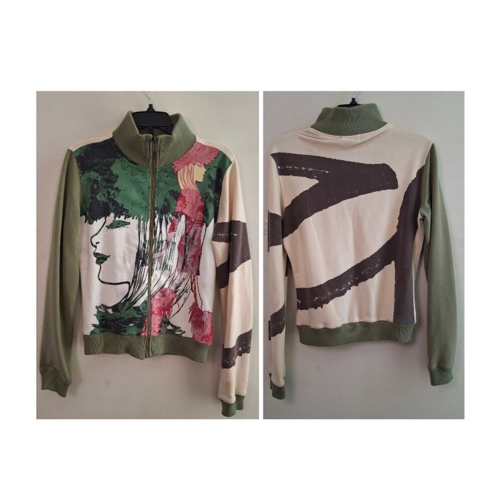 Vintage Custo Barcelona Full Zip Jacket Women M Graphic Art Print Olive Mock Nec
